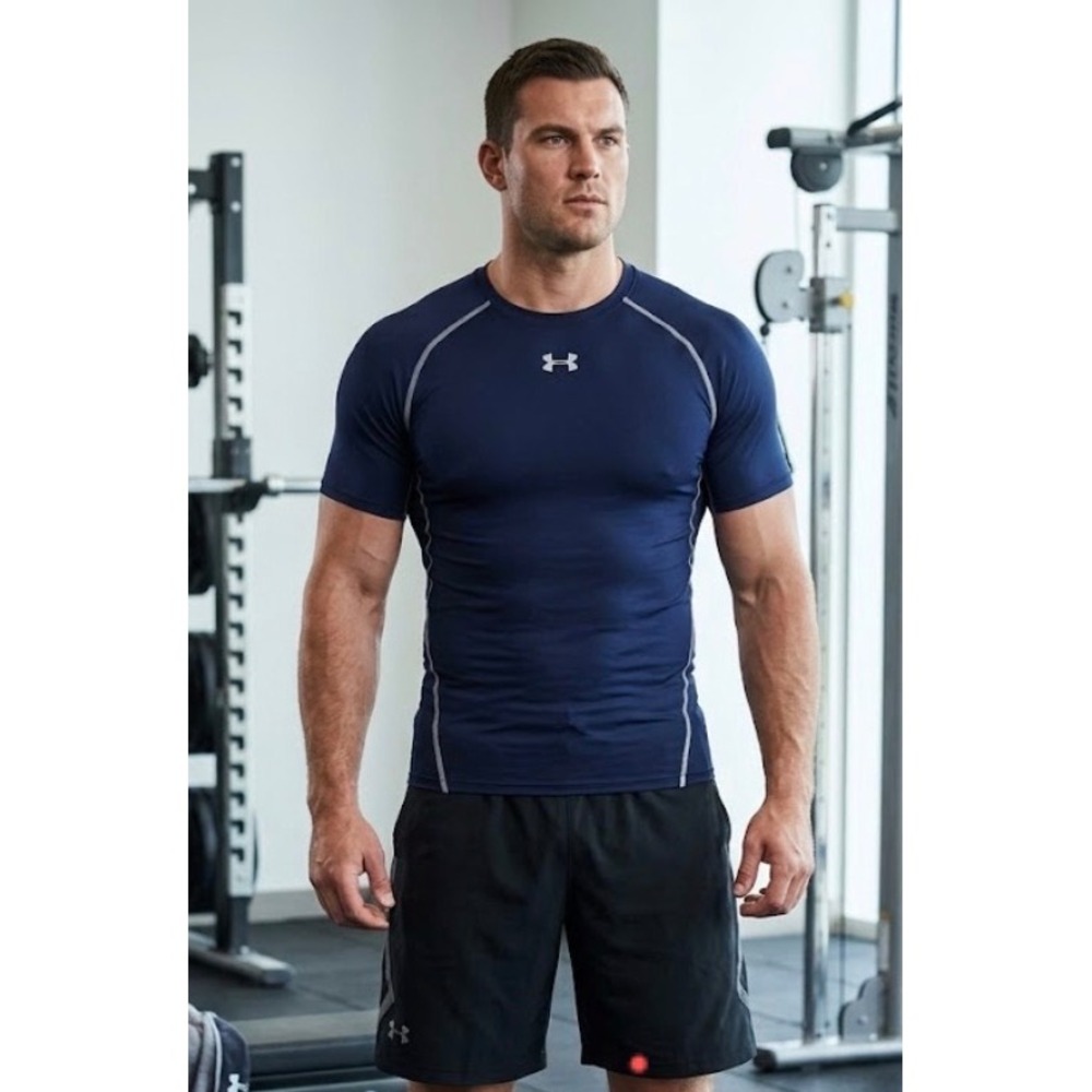 Under Armour Mens 3XL HeatGear Compression Shirt Navy Blue Short Sleeve Gym Top